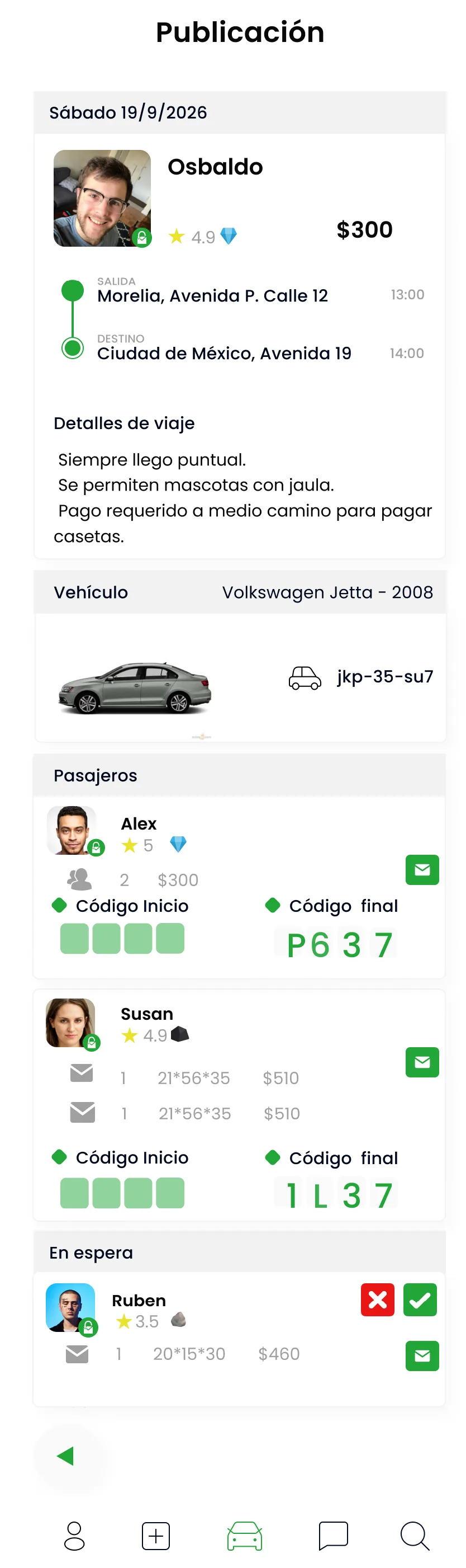 Pantalla de una publicación de viaje en la app Velozaje